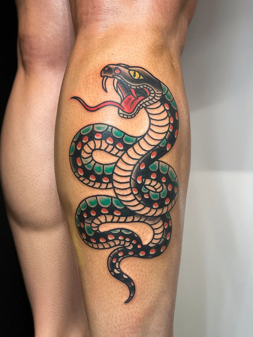 Traditional snake tattoo on calf