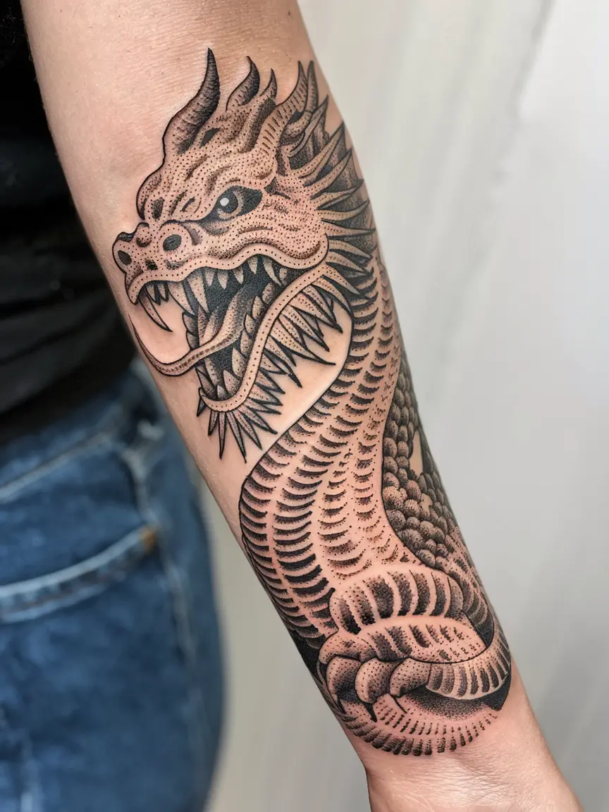 Dotwork dragon forearm tattoo