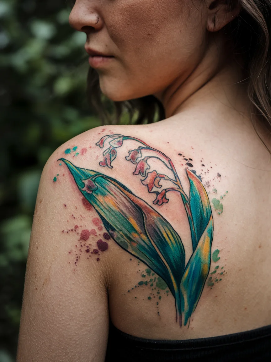 Watercolor lily of the valley shoulder blade tattoo