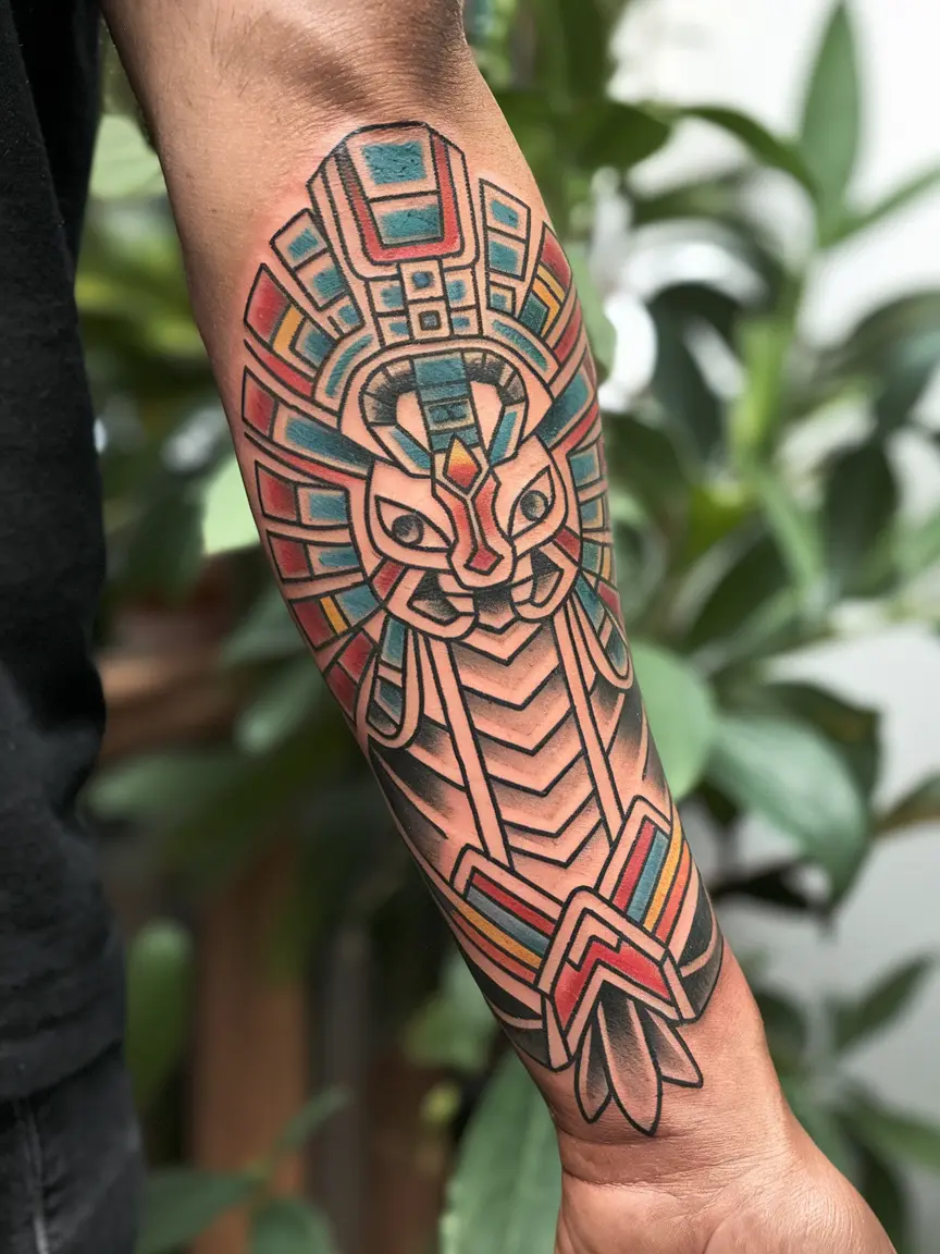 Man's forearm tattoo of modern Aztec Quetzalcoatl