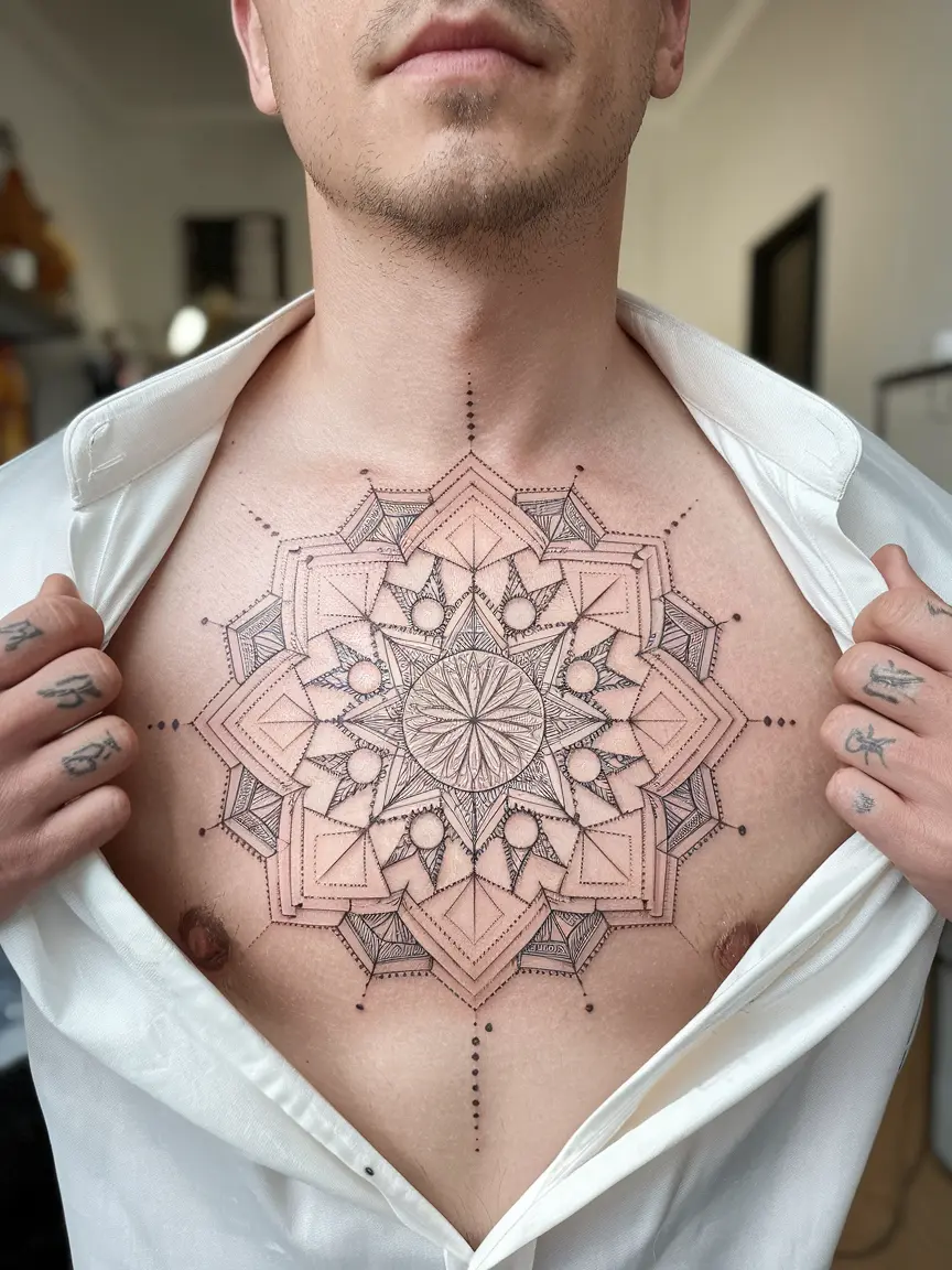 Geometric mandala chest tattoo on man