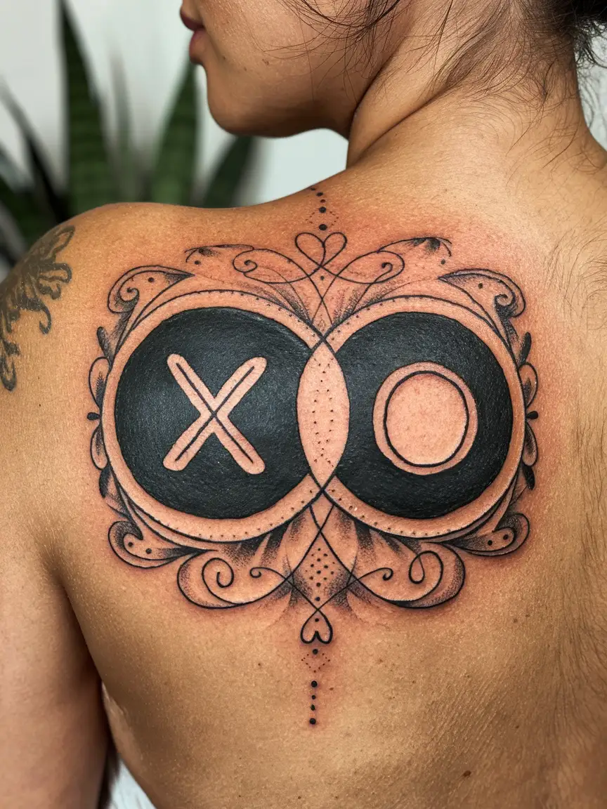 Negative space XO tattoo on back