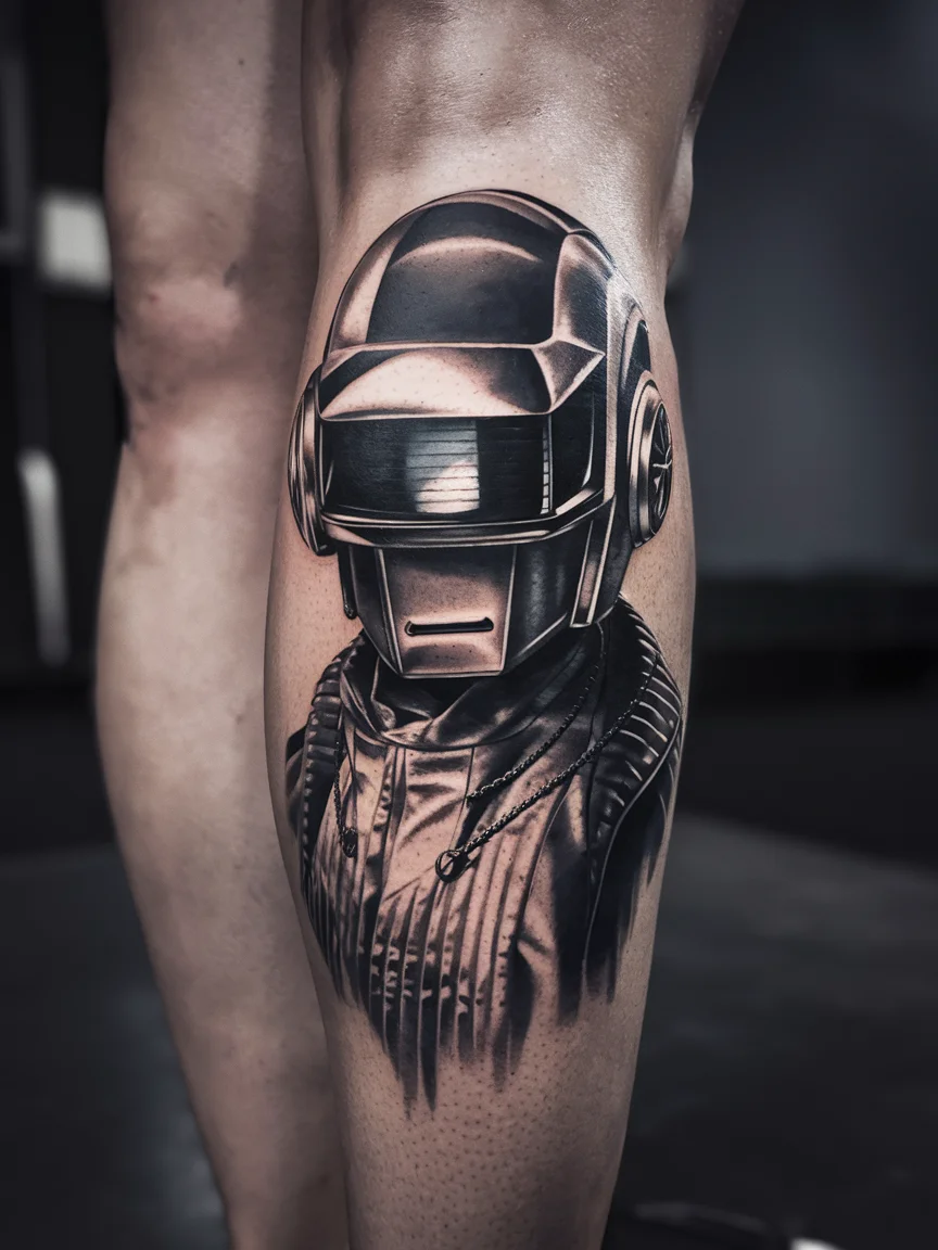 Woman's leg with Daft Punk helmets tattoo