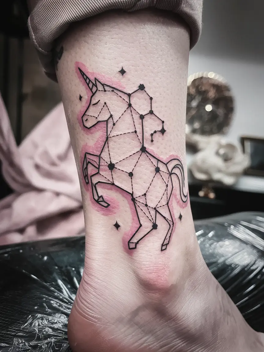 Unicorn constellation tattoo on woman's ankle