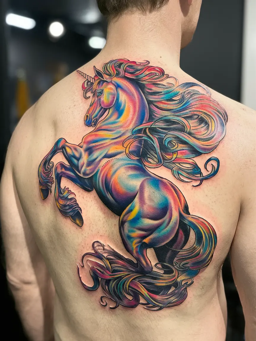 Rainbow unicorn tattoo on man's upper back