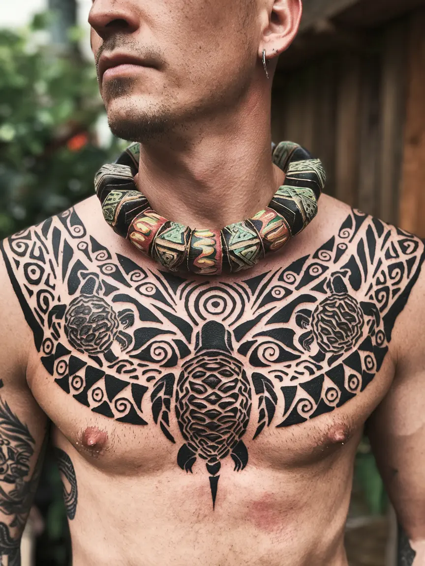 Polynesian-inspired chest tattoo on man
