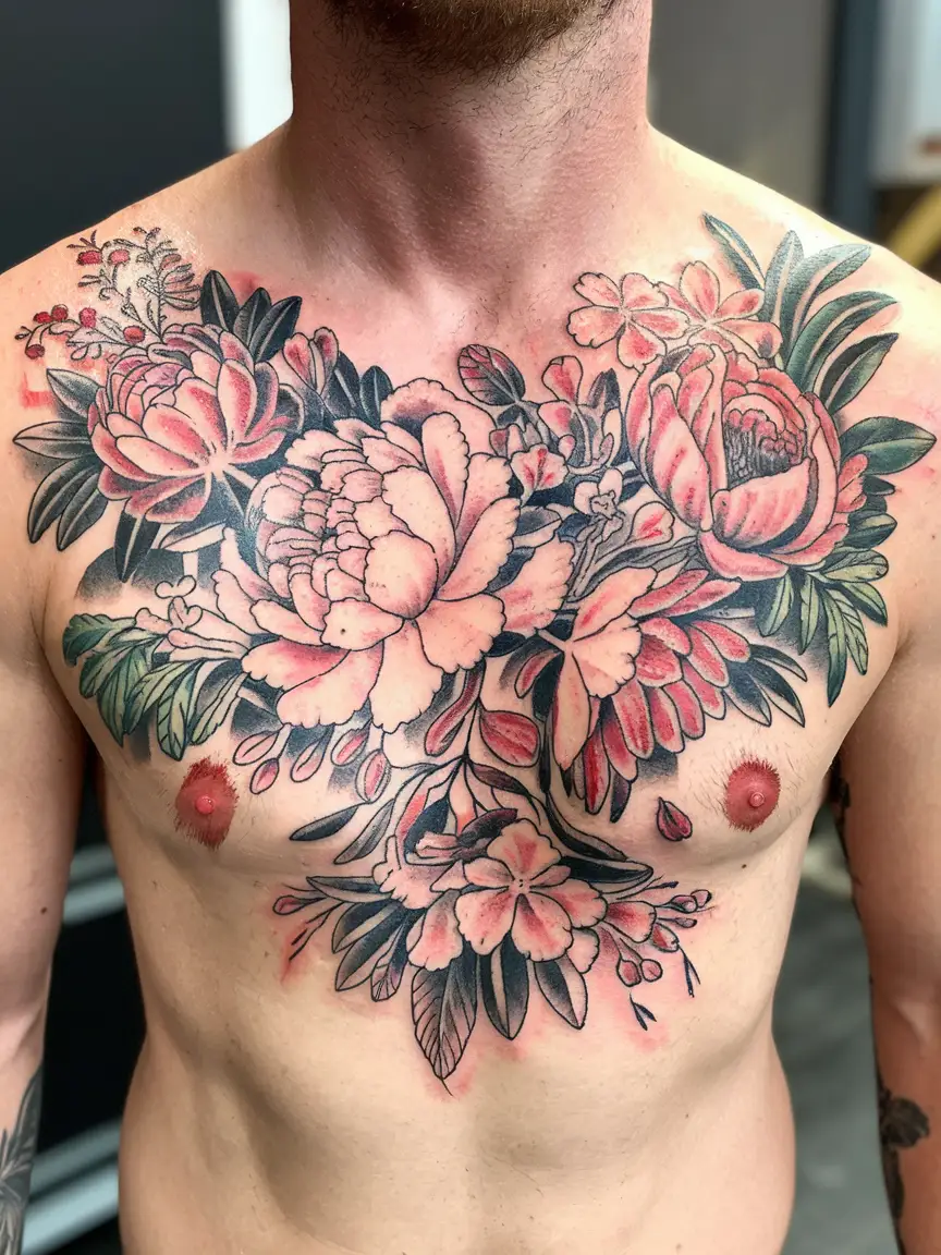 Floral masterpiece chest tattoo on man