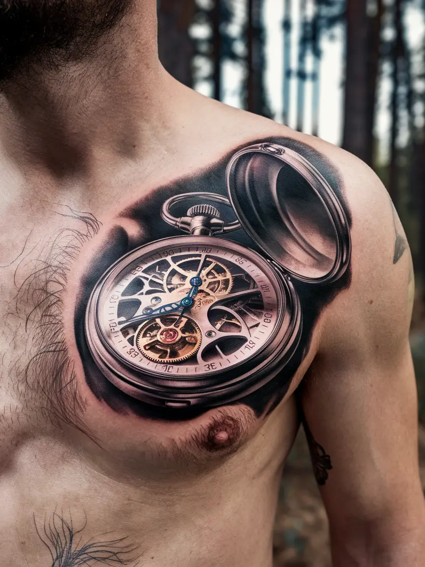 Realistic clock chest tattoo on man