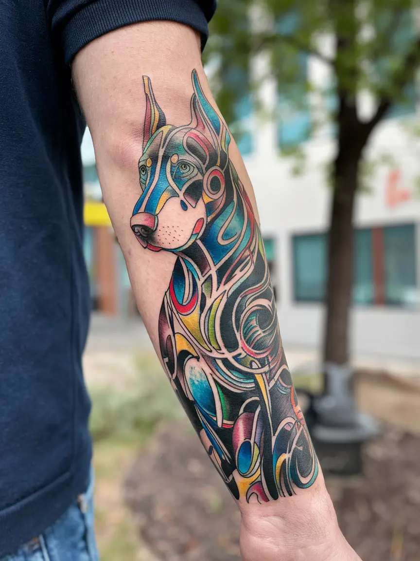 Abstract Doberman tattoo on forearm