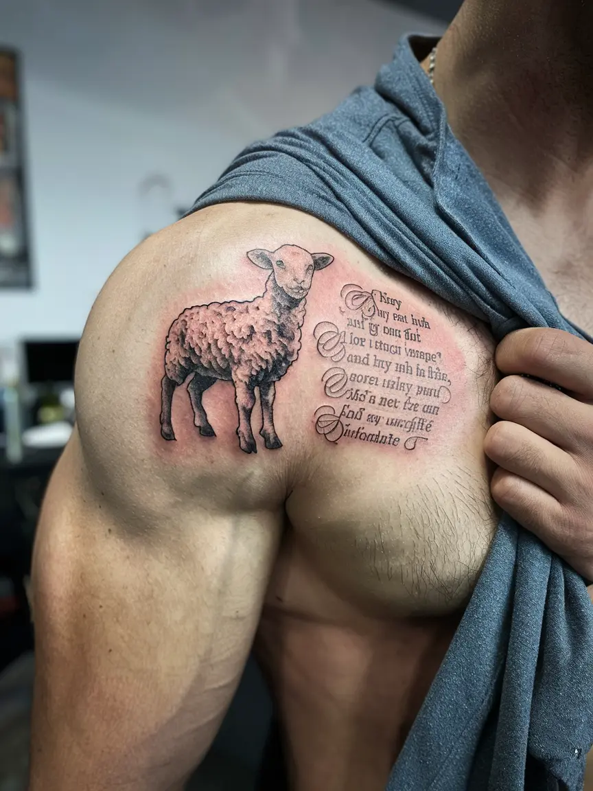 Lamb with scripture tattoo on inner bicep