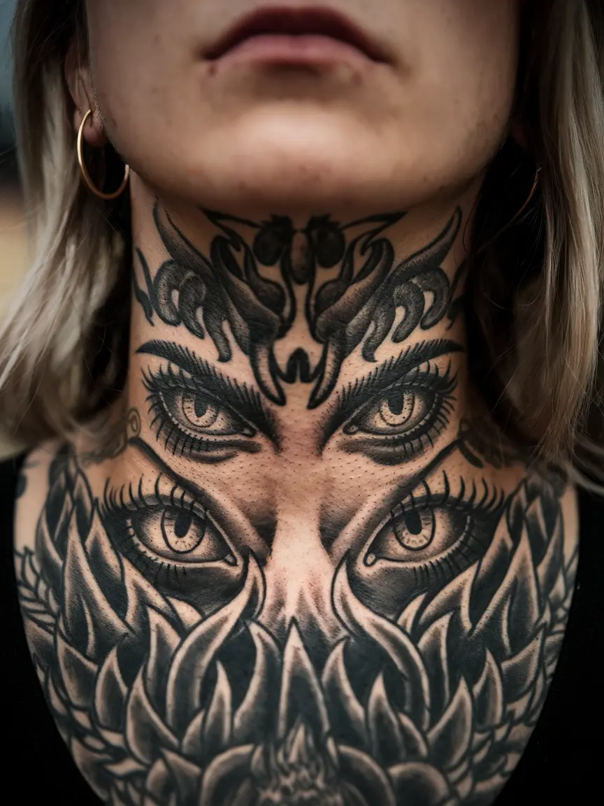 Intense demon eyes tattoo on neck