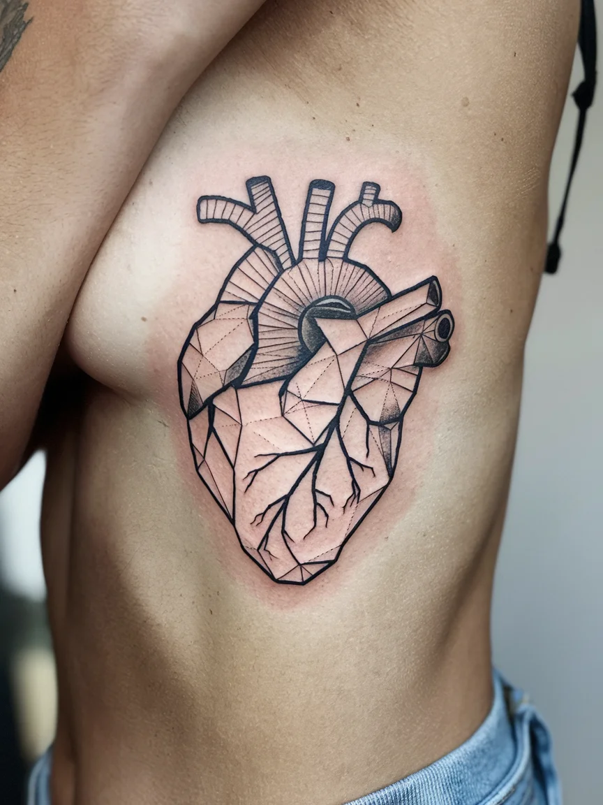 Woman's ribcage with geometric heart stick and poke tattoo