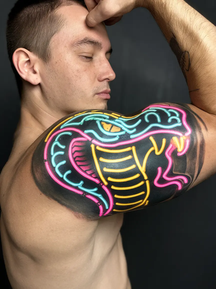 Neon cobra sign bicep tattoo