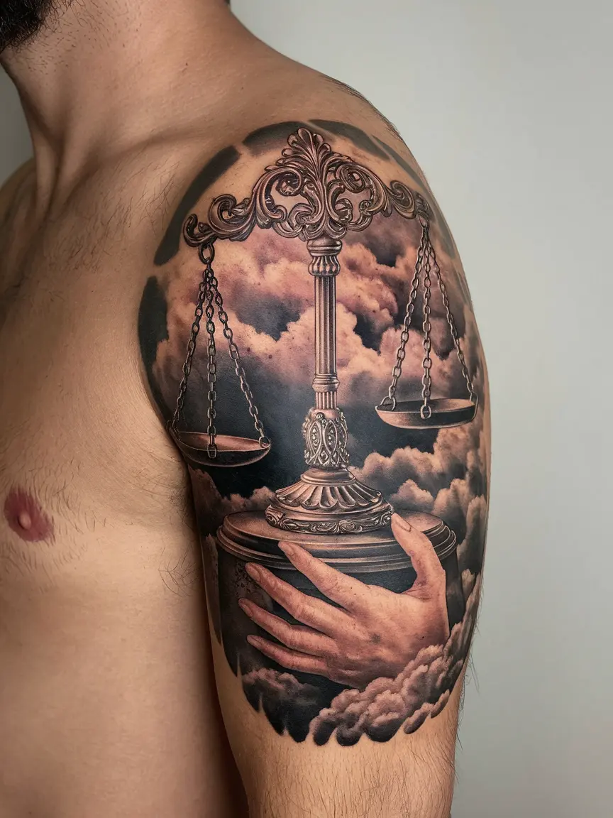 Man's bicep with scales of justice balance tattoo