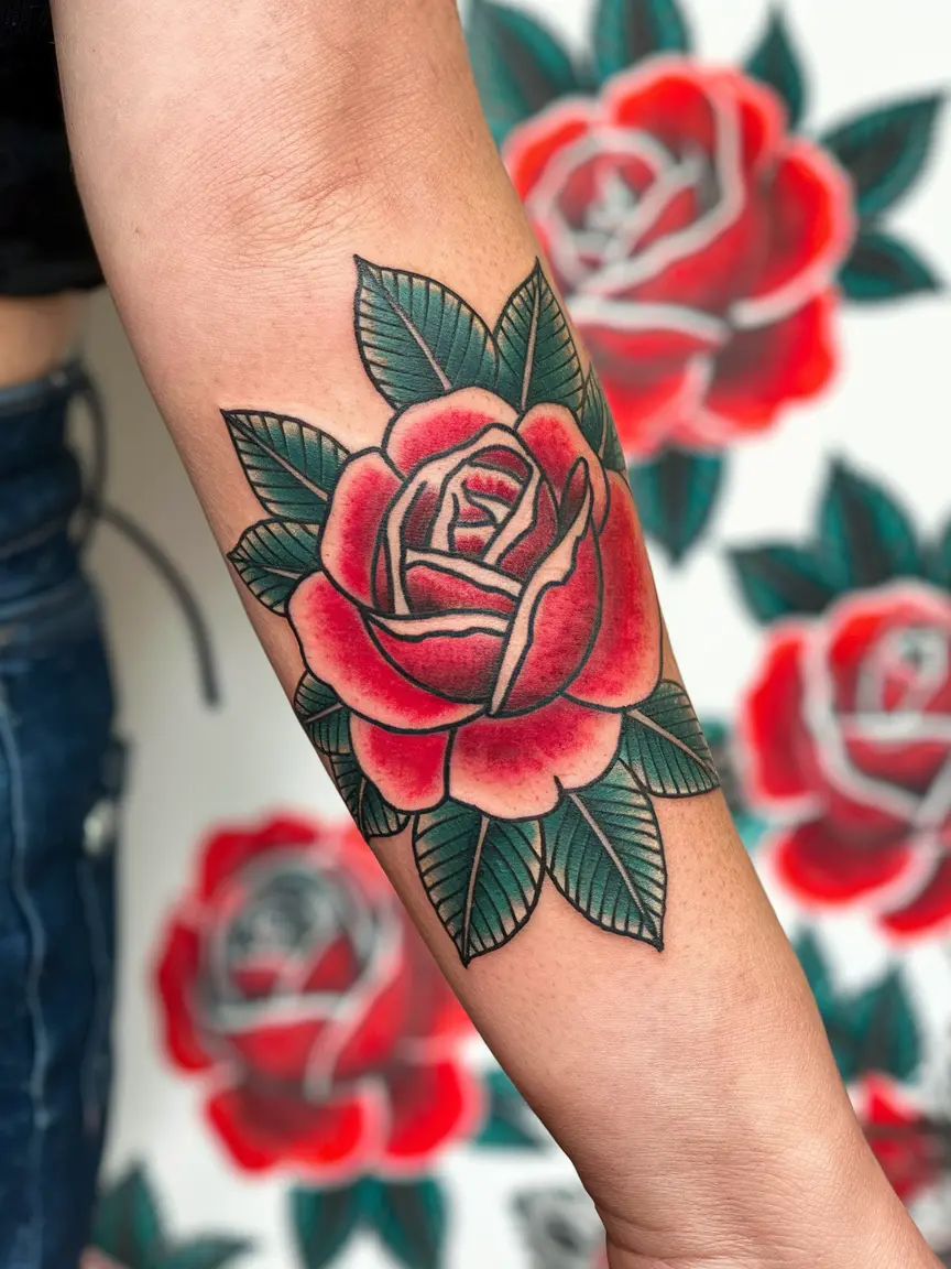 Traditional rose tattoo on forearm