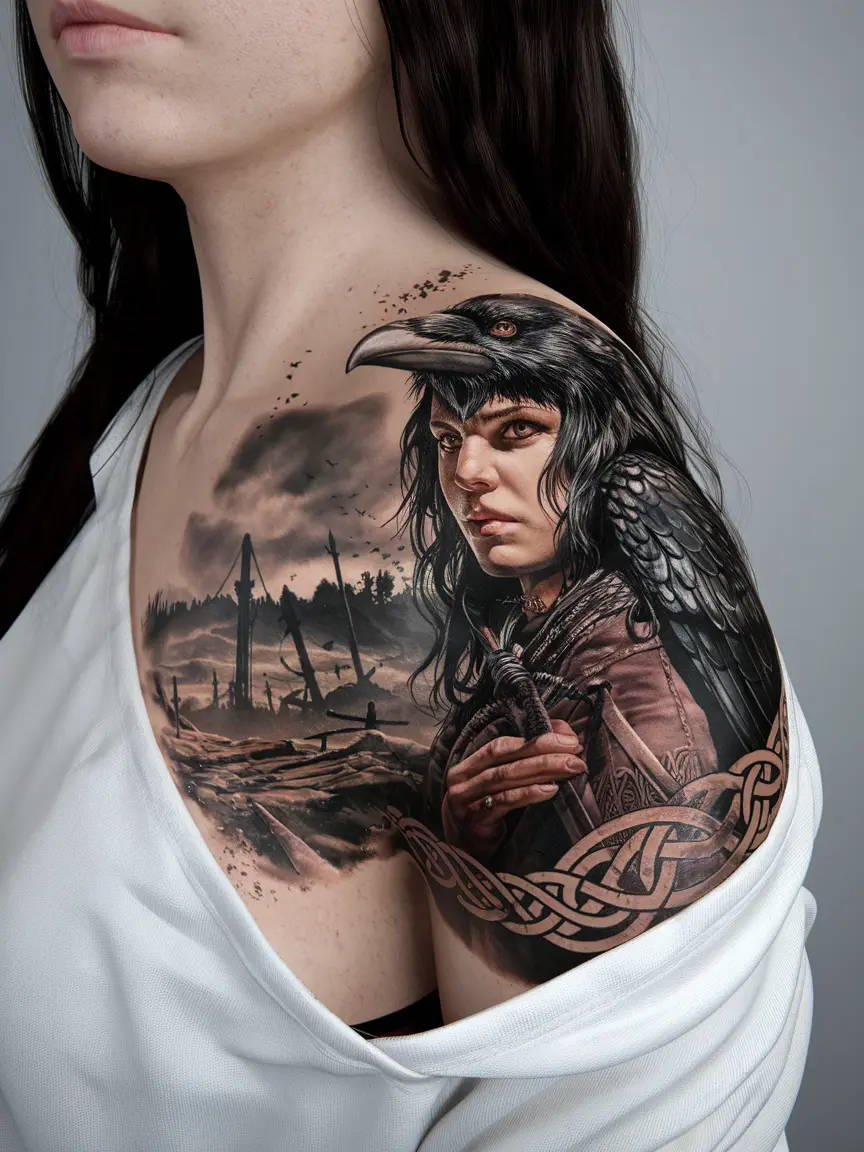Morrigan shoulder tattoo