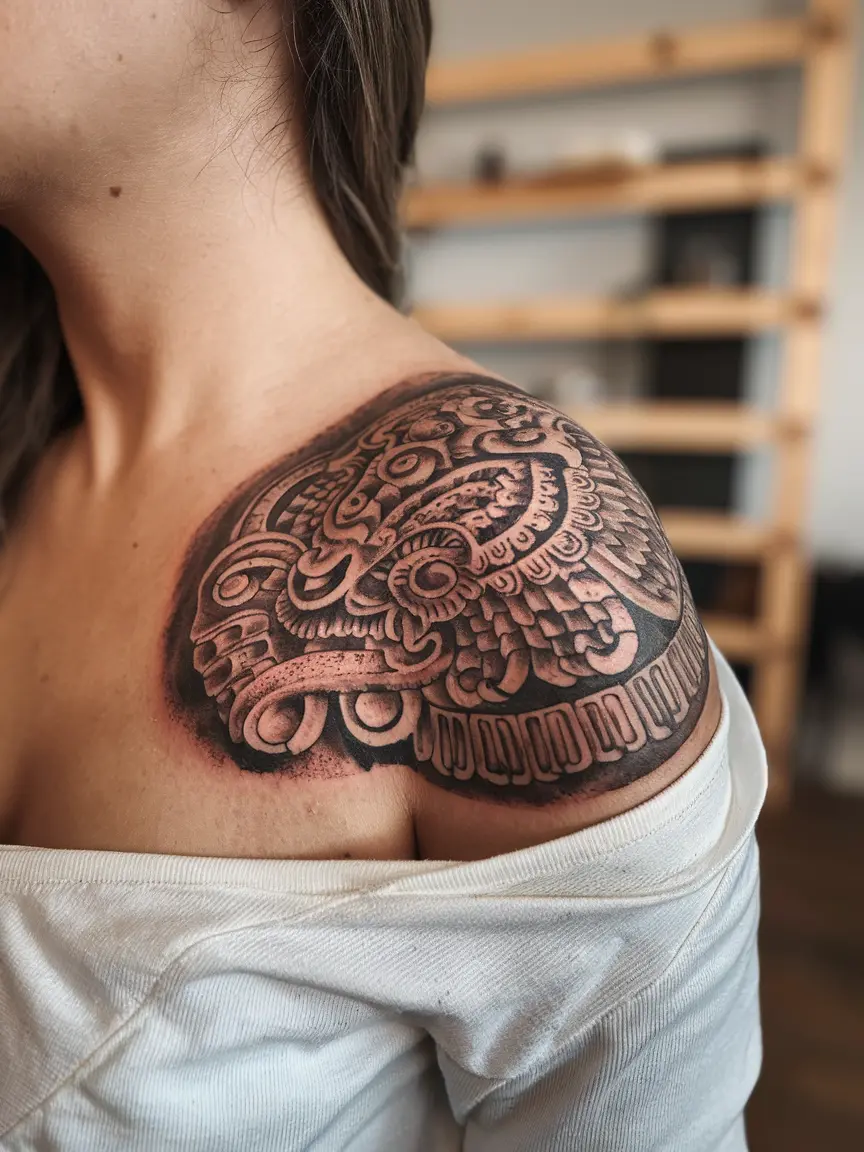 Woman's shoulder tattoo of stonework Quetzalcoatl