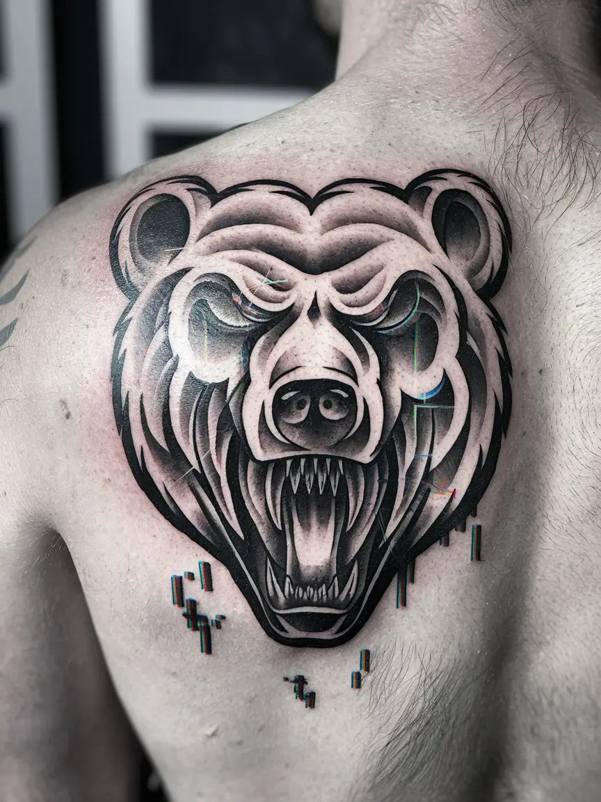 Man's upper back with Radiohead bear tattoo