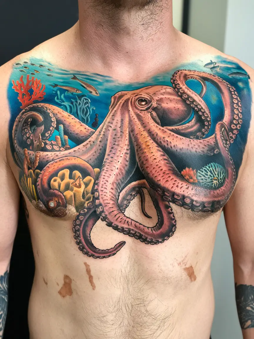 Octopus chest tattoo on man