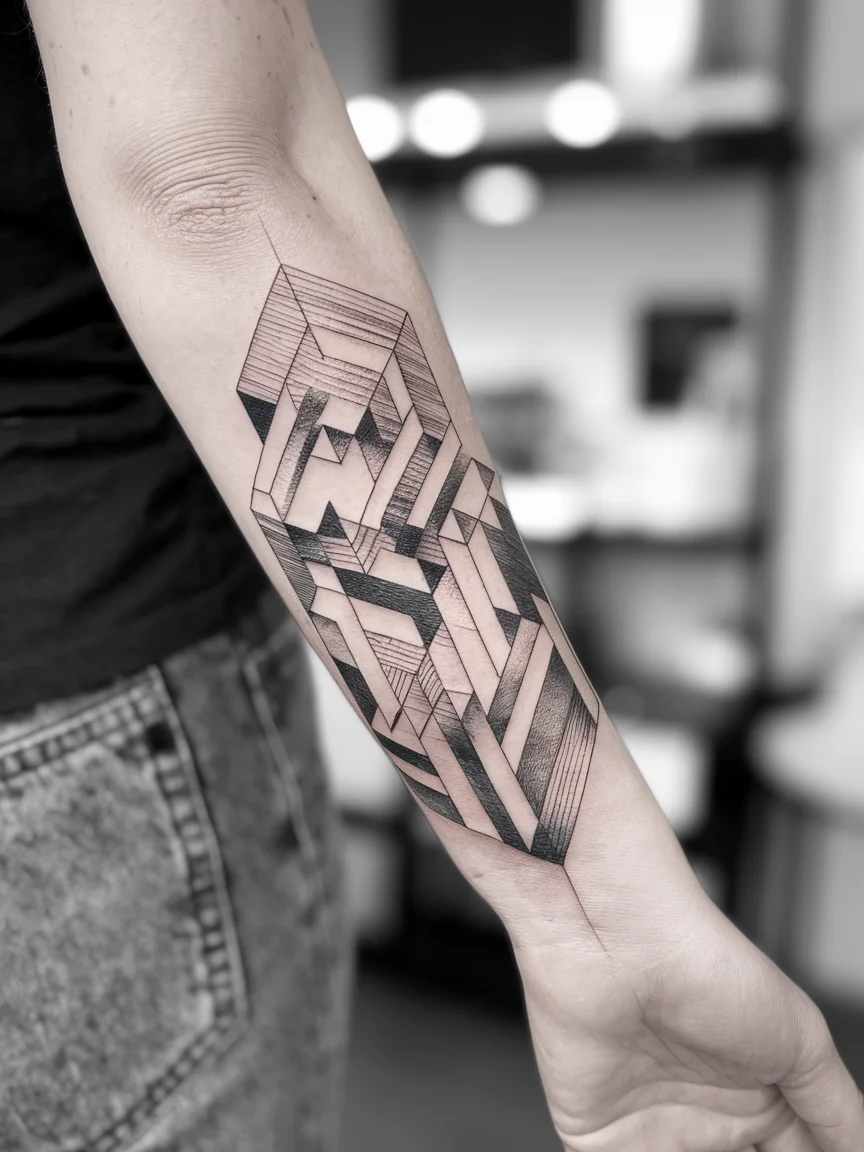 Optical illusion forearm tattoo