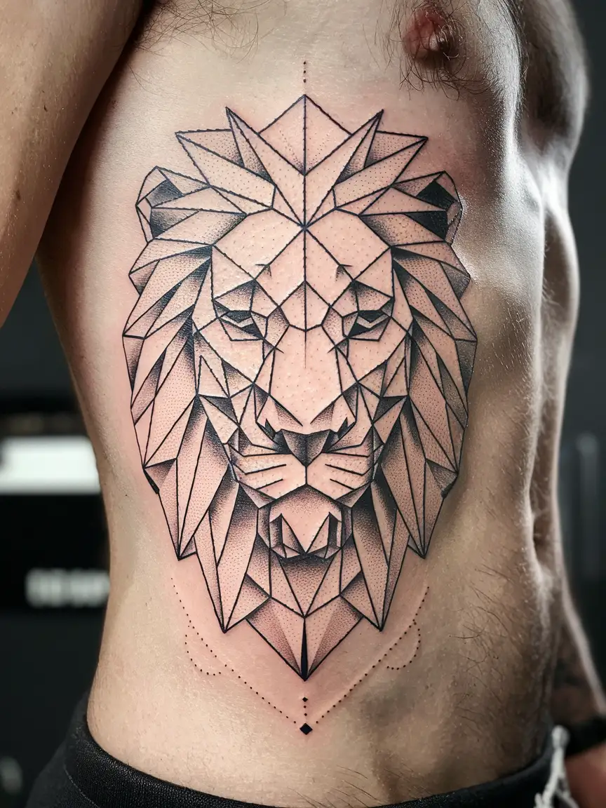 Geometric lion ribcage tattoo