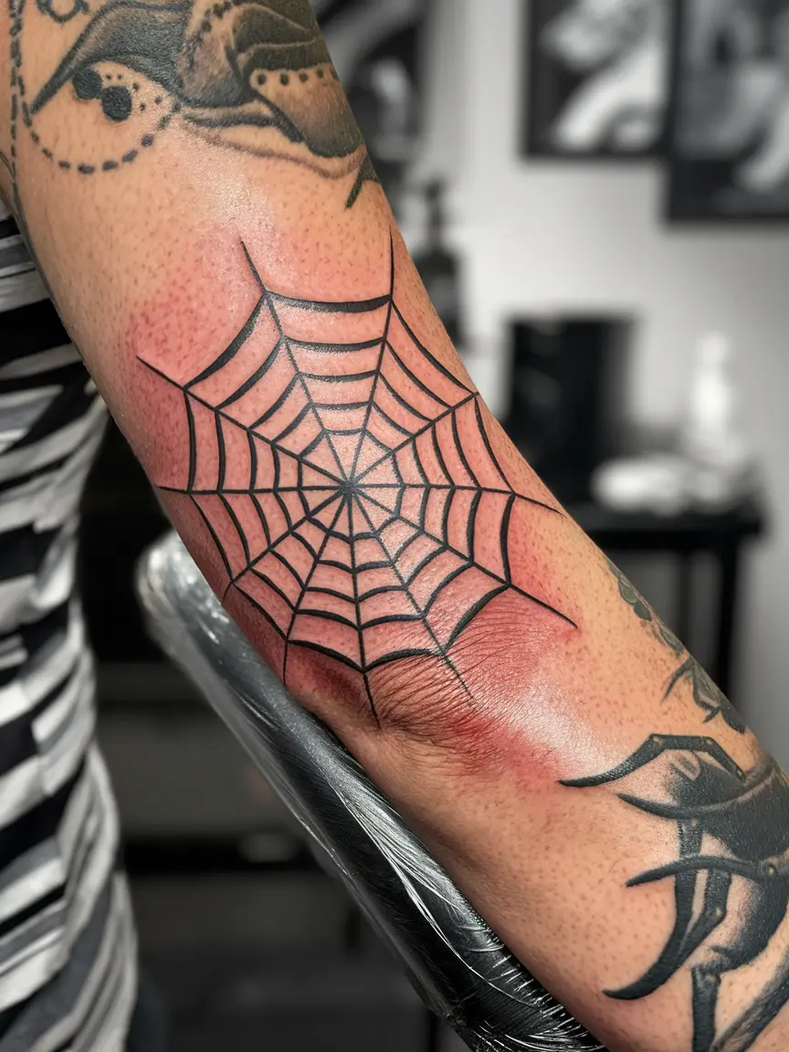 Traditional spider web tattoo on elbow