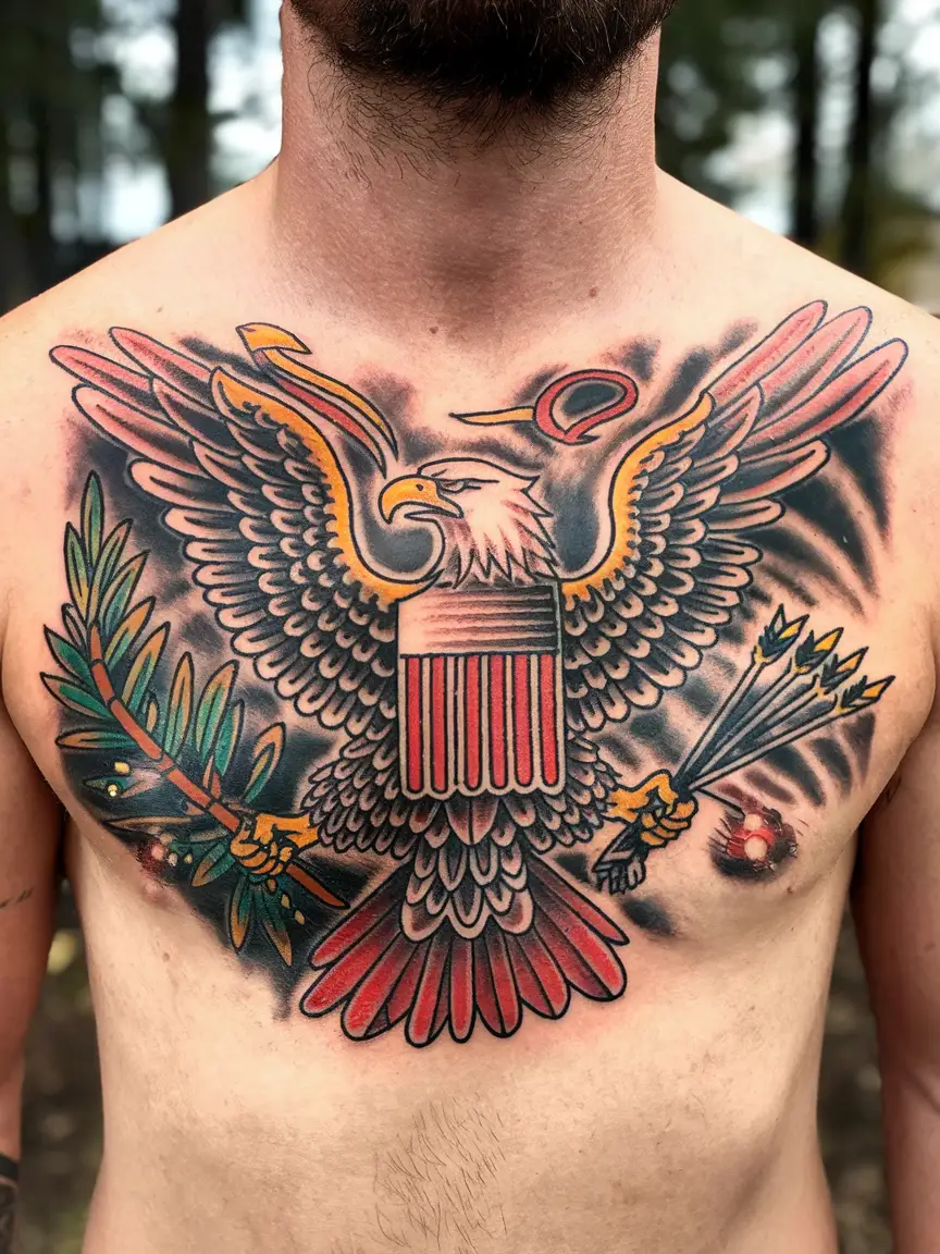 American traditional eagle tattoo on chest