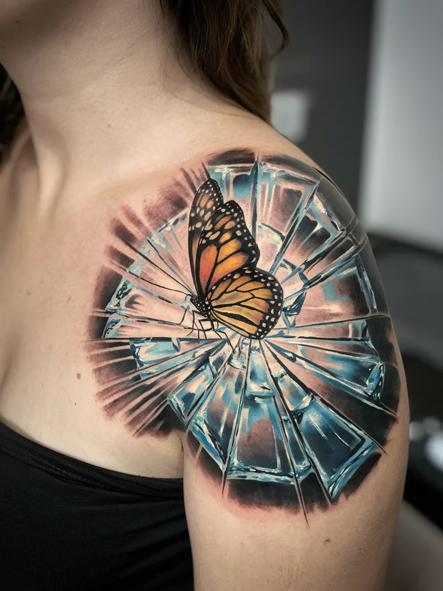 Shattered glass butterfly shoulder tattoo