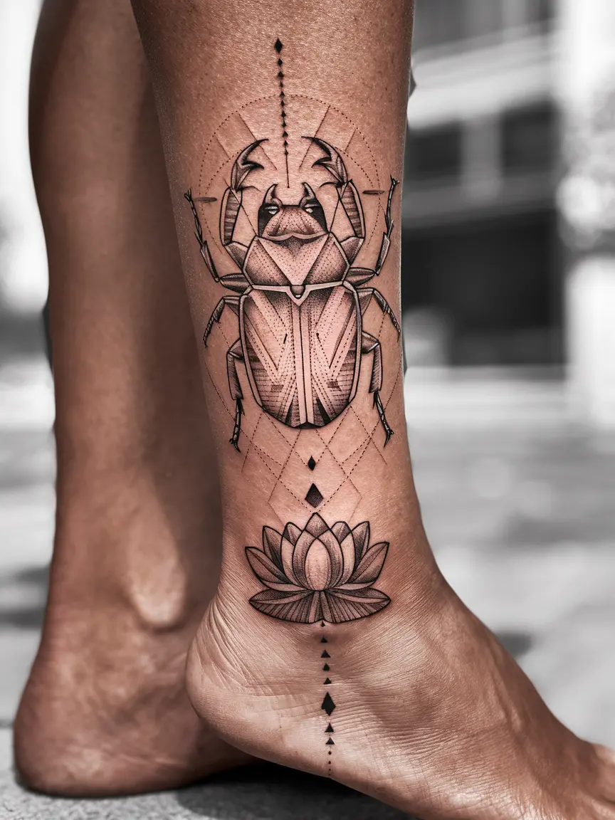 Egyptian scarab beetle neotribal tattoo on ankle
