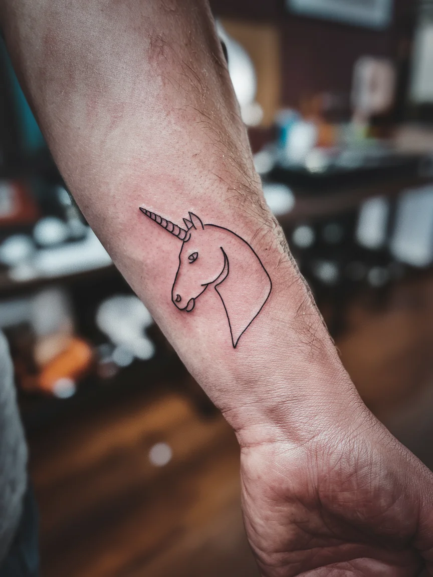 Minimalist unicorn tattoo on man's wrist