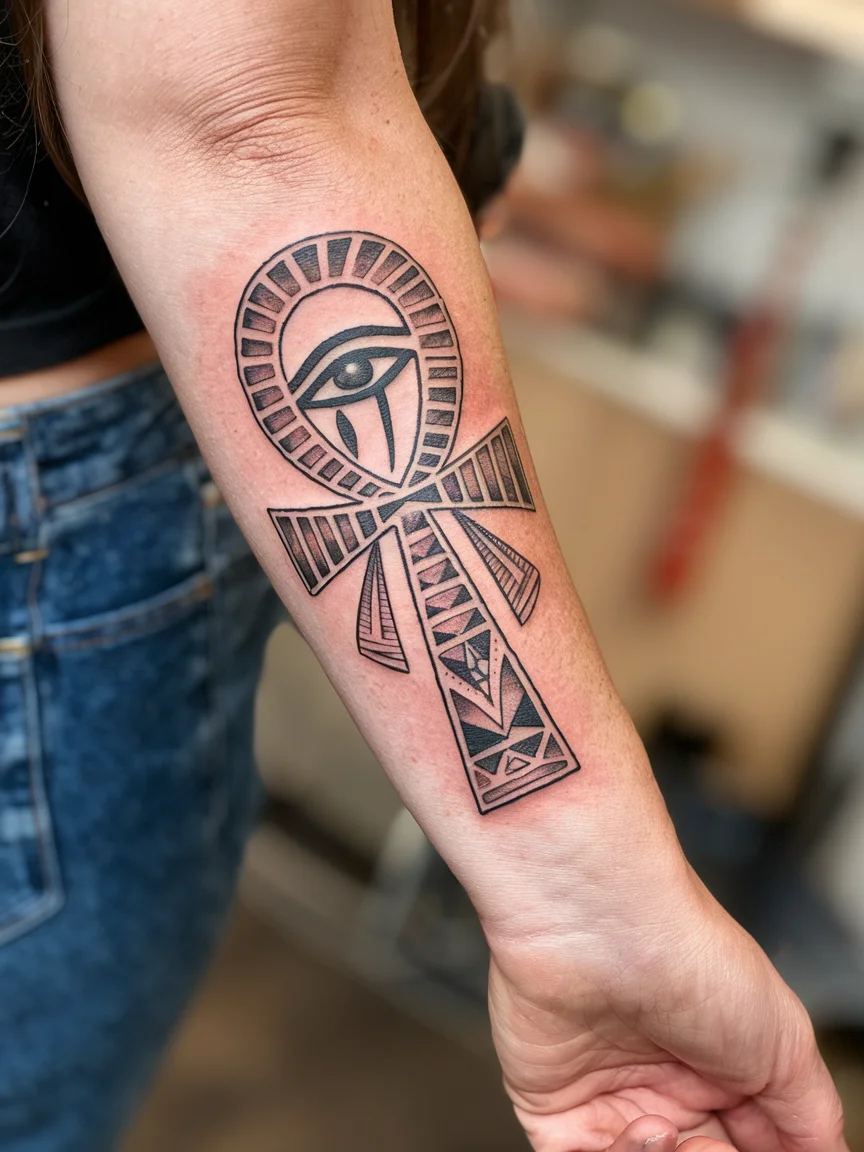Egyptian ankh and Eye of Horus neotribal tattoo on forearm