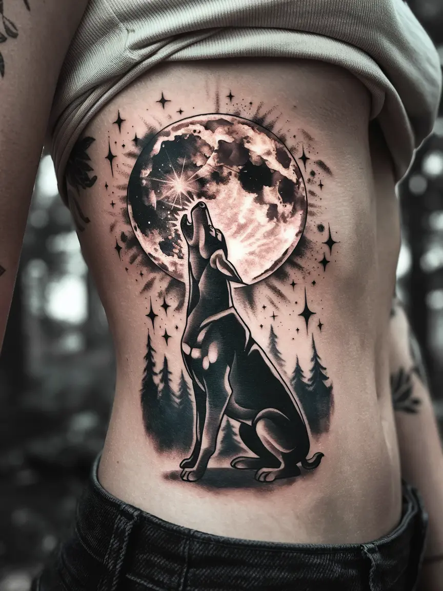 Doberman and moon tattoo on side