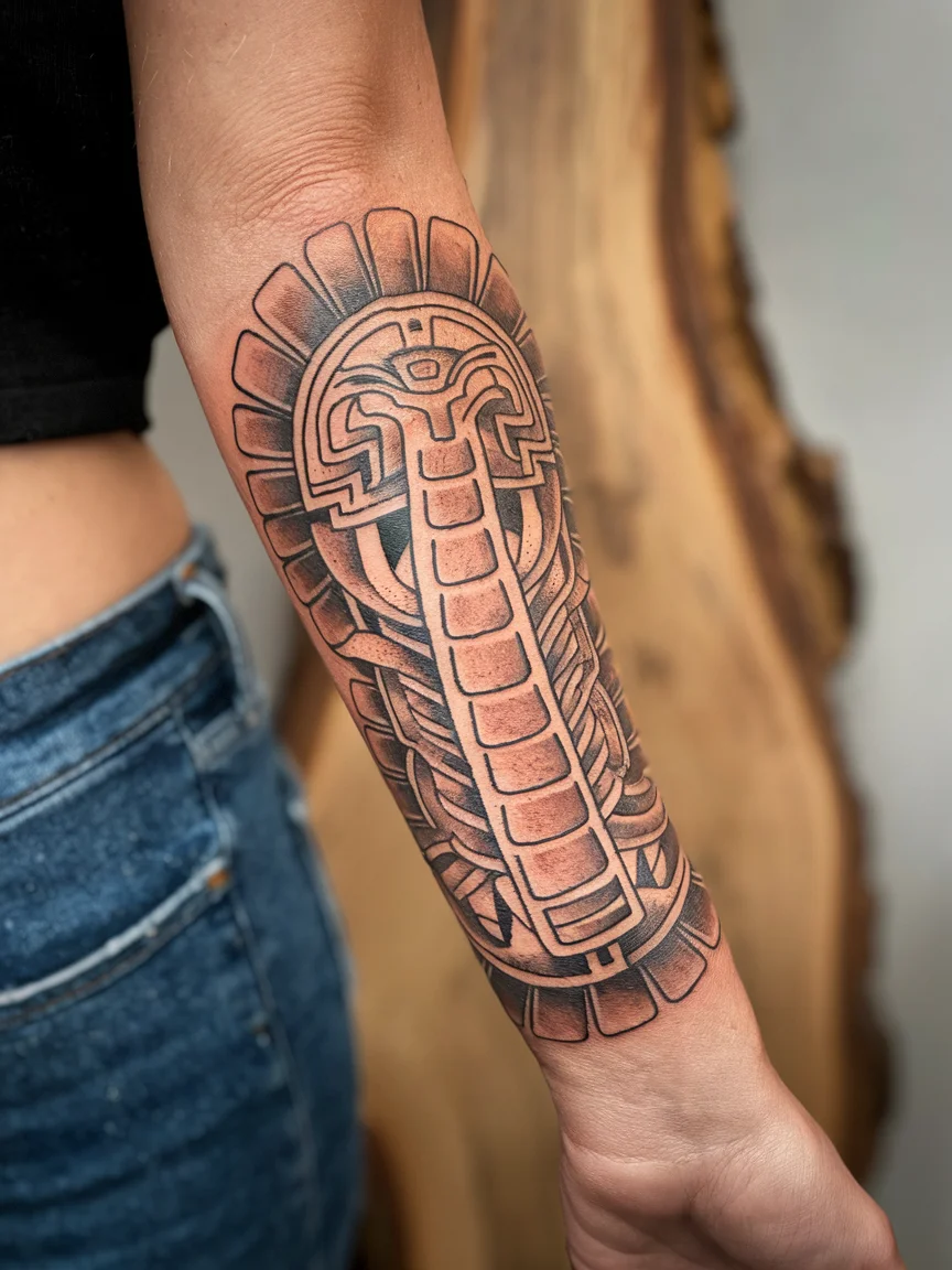 Woman's forearm tattoo of codex-style Quetzalcoatl