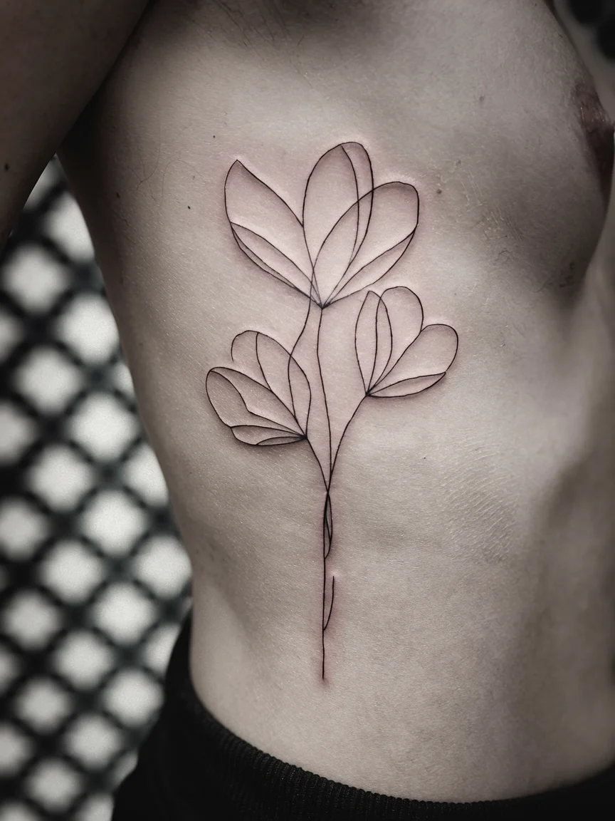 Woman's ribcage tattoo of minimalist linework