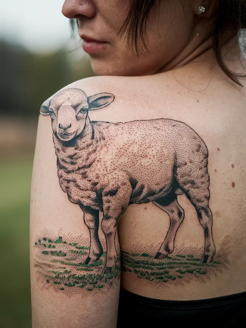 Dotwork lamb tattoo on shoulder