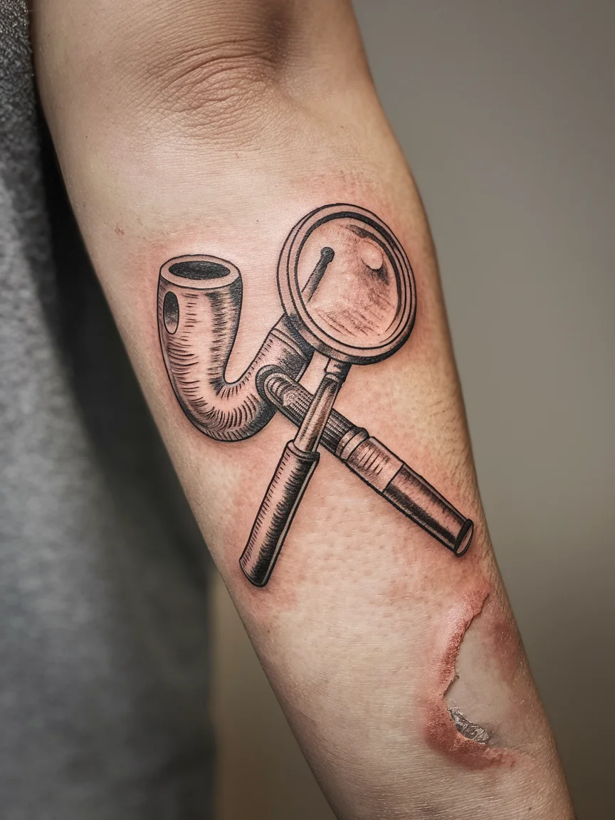Woman's forearm tattoo of Sherlock Holmes symbols