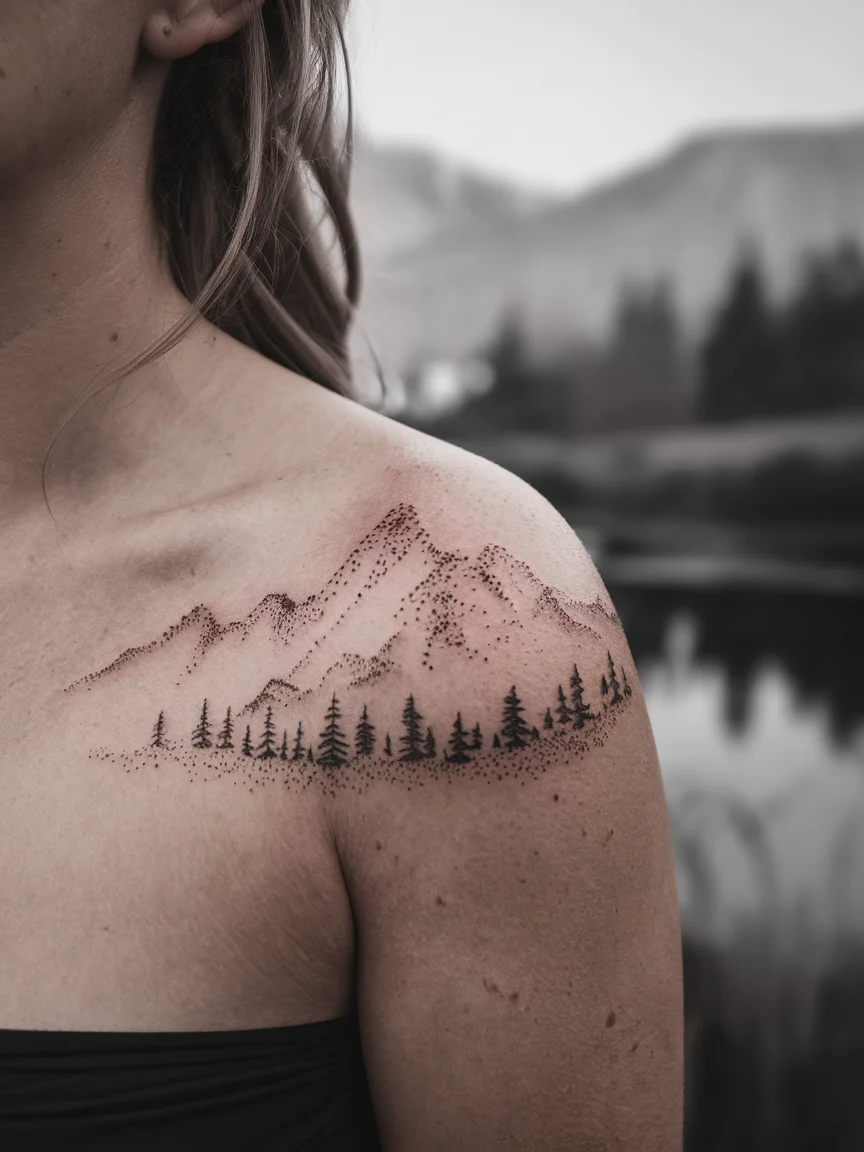 Dotwork mountain range shoulder tattoo