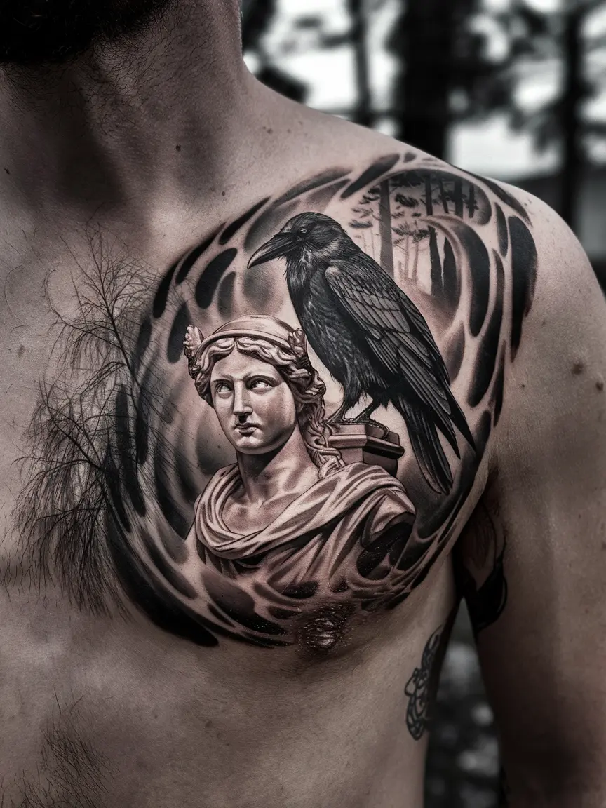 Man's chest tattoo of Poe's raven
