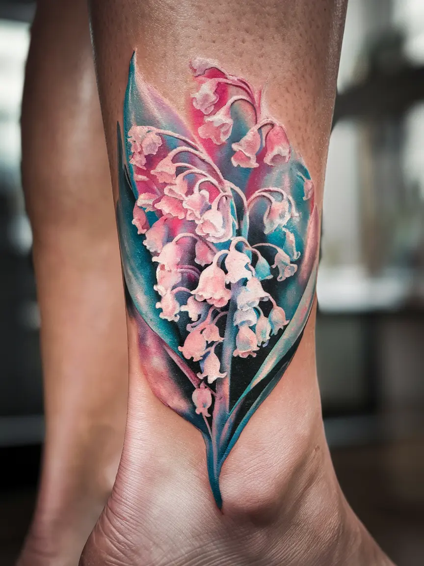 Colorful lily of the valley ankle tattoo