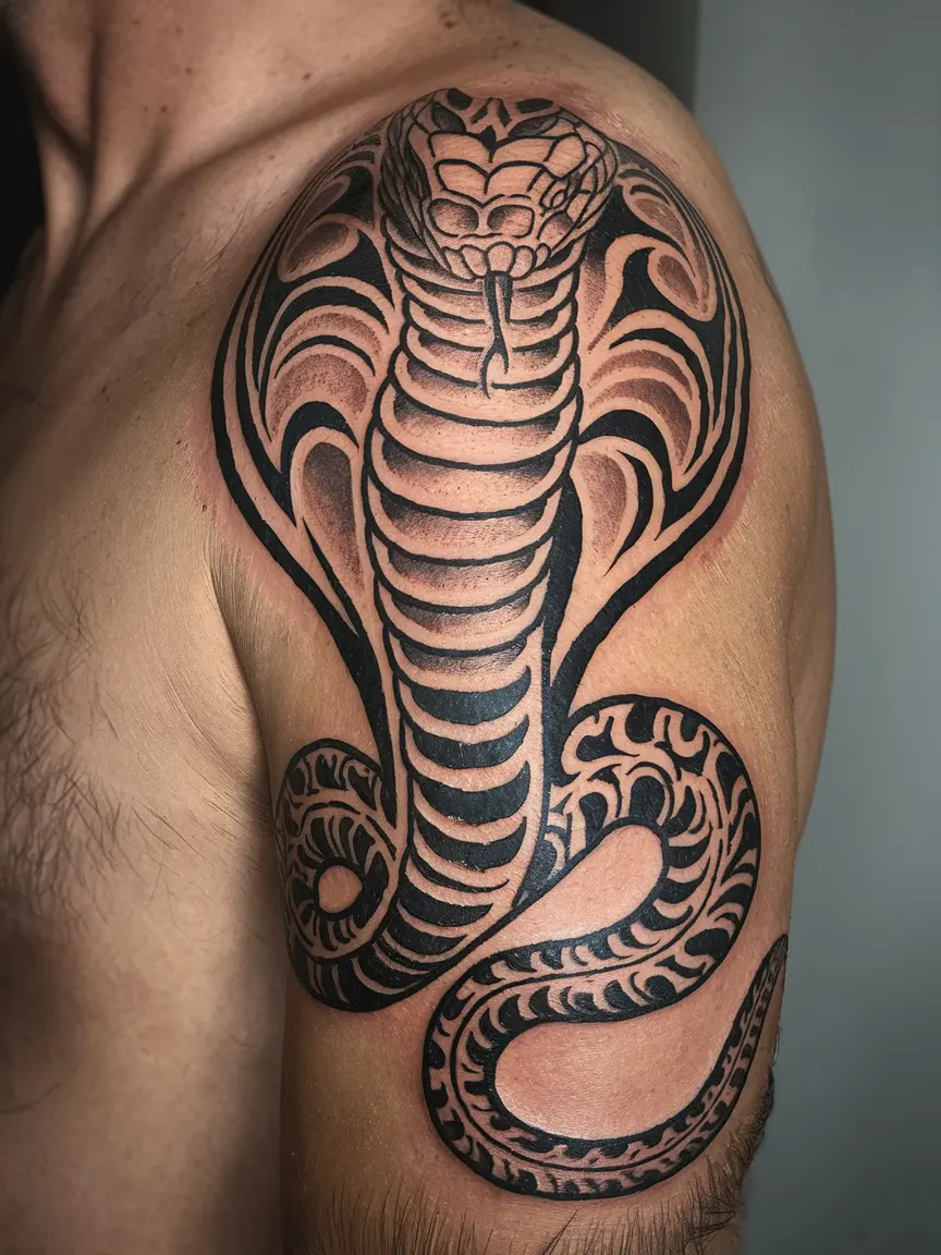 Tribal style cobra shoulder tattoo