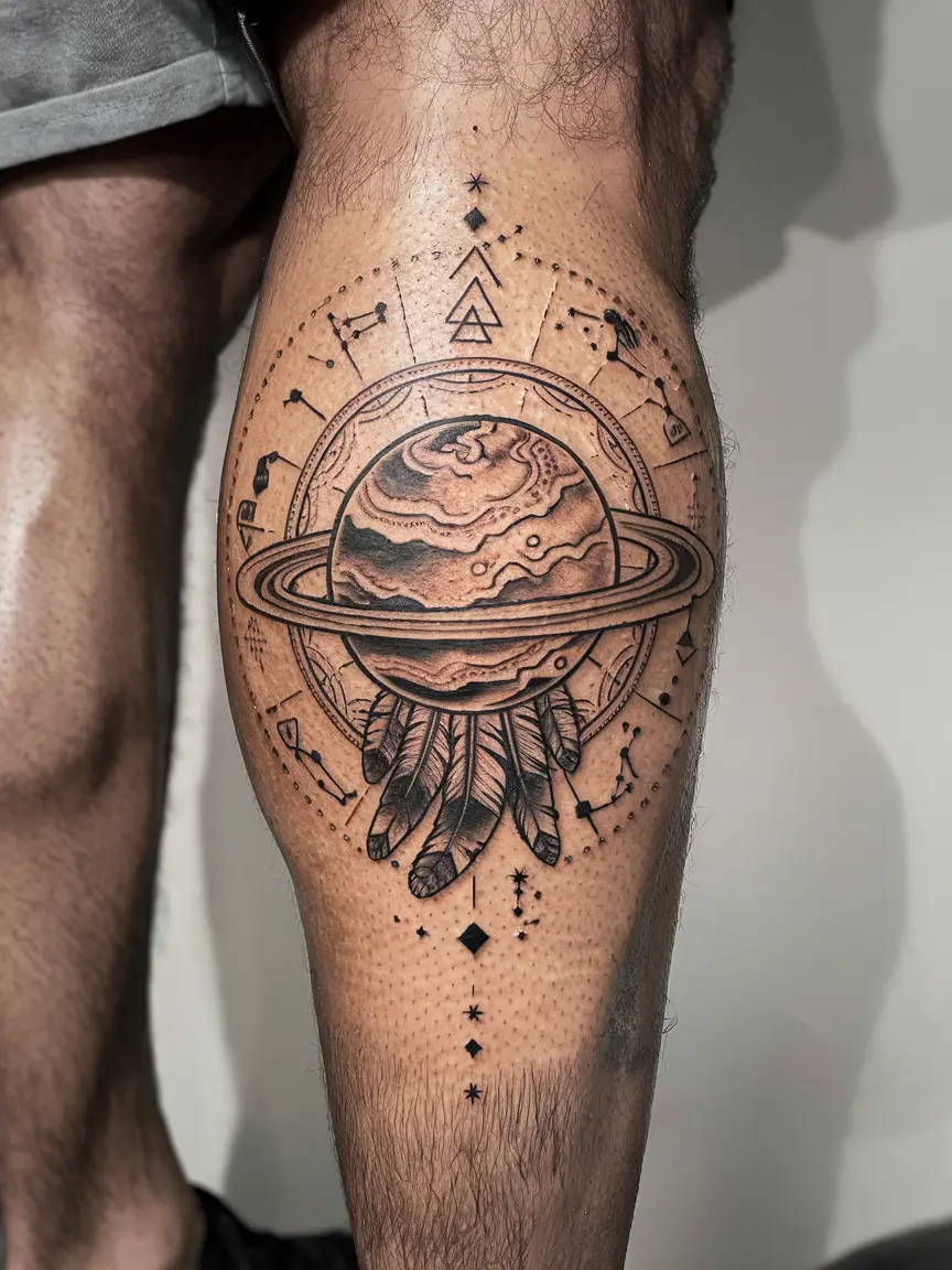 Man's calf tattoo of Quetzalcoatl as Venus