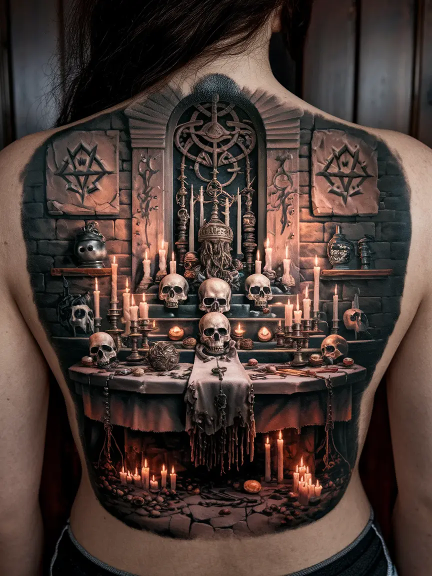 Detailed satanic altar tattoo on back