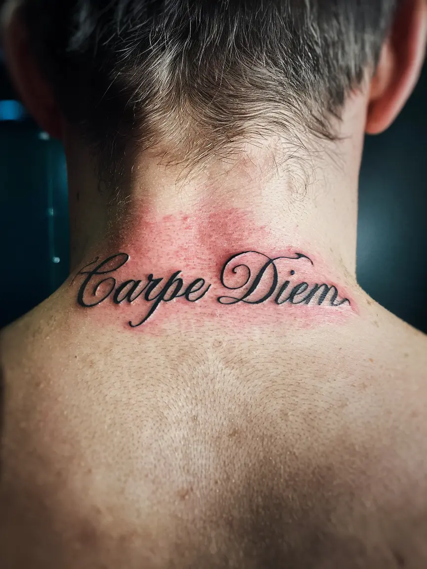 Cursive script neck tattoo