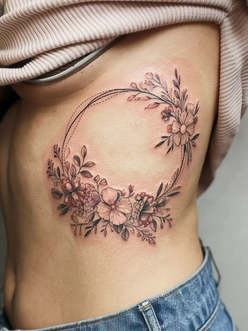 Woman's ribcage tattoo of floral wreath