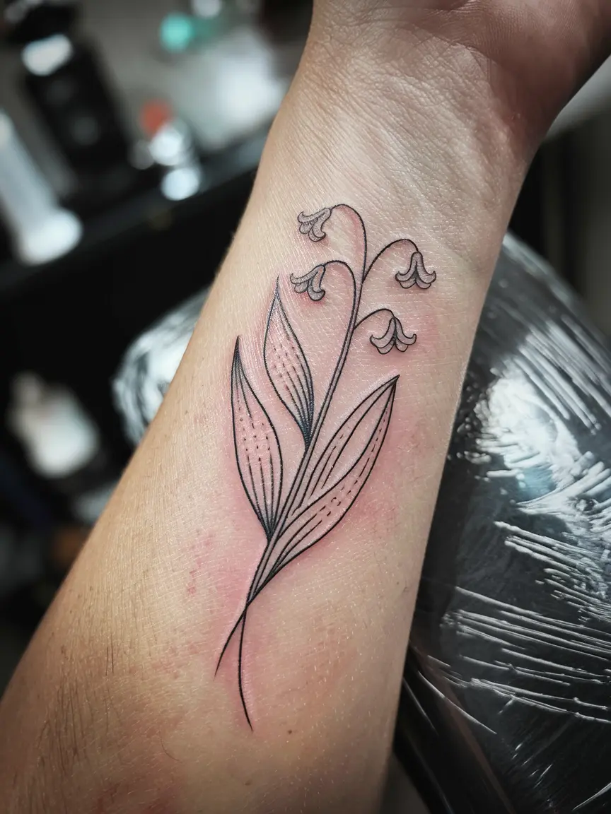 Woman's wrist with lily of the valley tattoo
