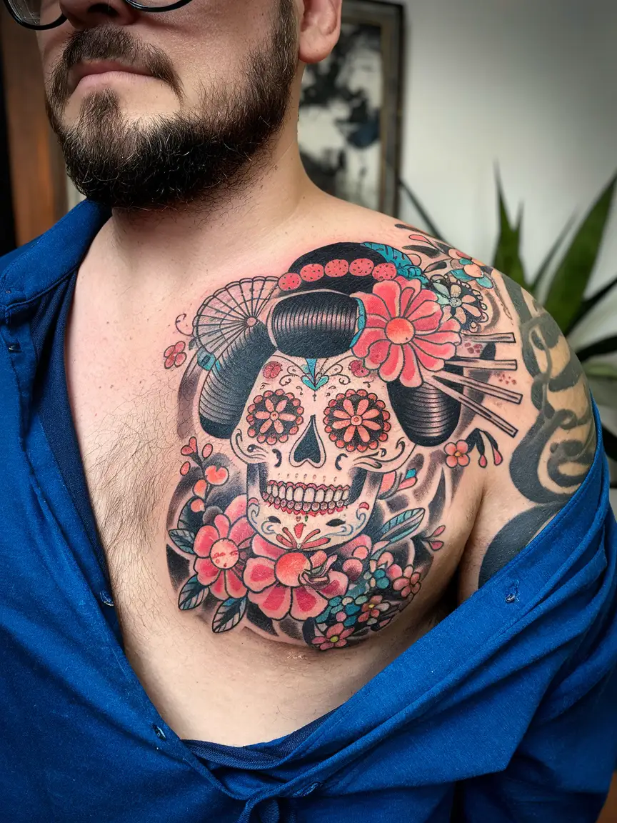 Neotraditional sugar skull geisha tattoo on chest