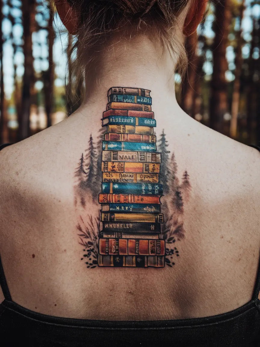 Woman's spine tattoo of book spines