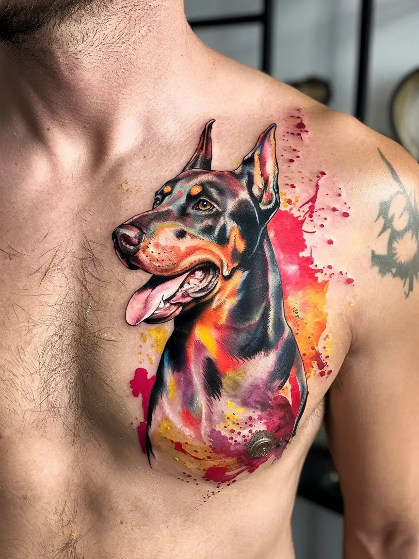 Watercolor Doberman tattoo on chest