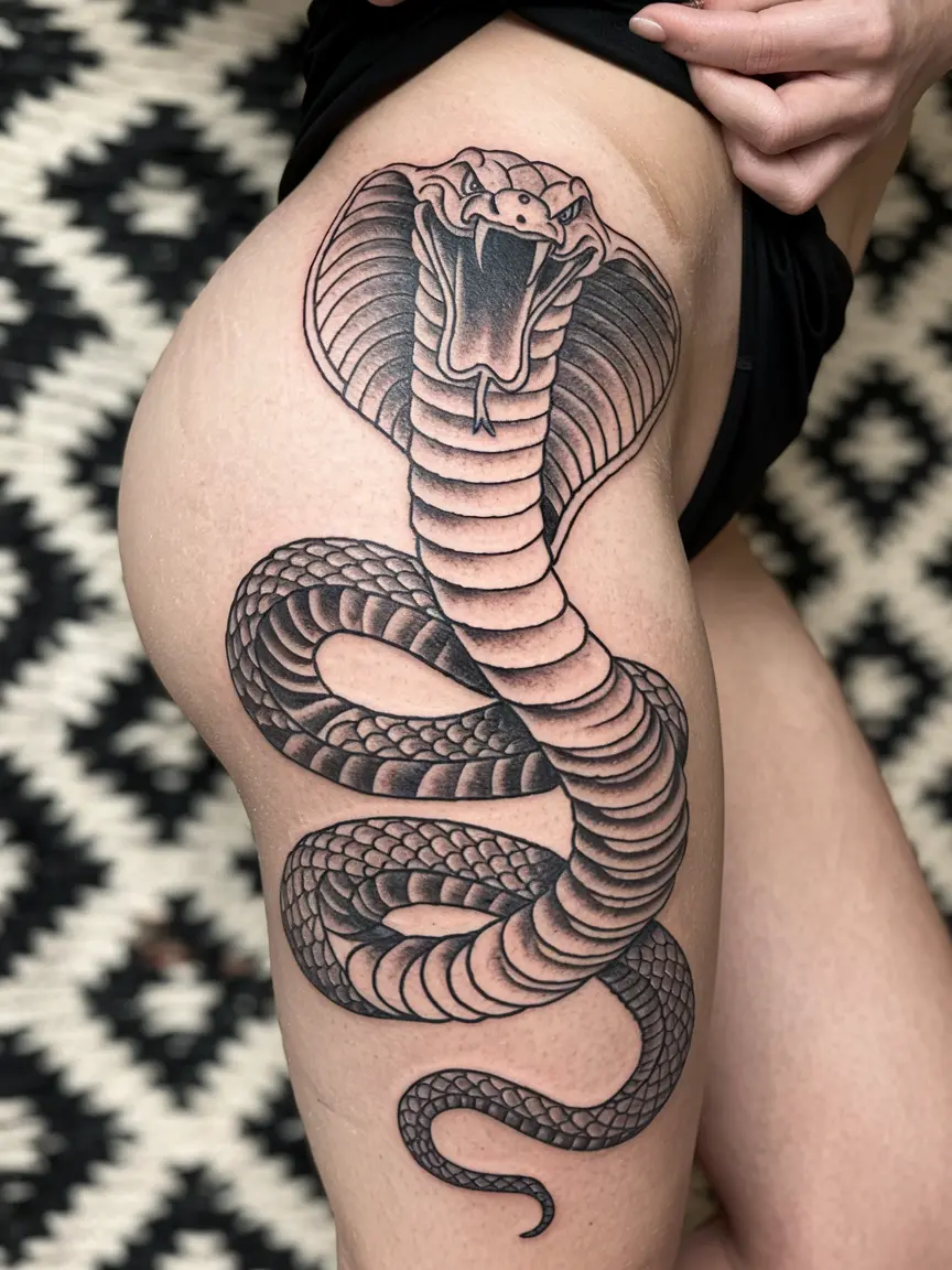 Striking cobra thigh tattoo