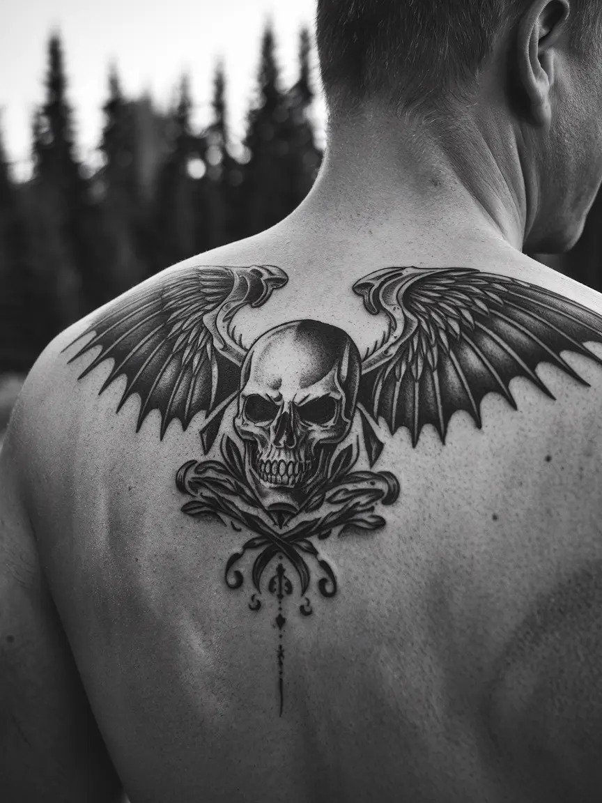 Man's back with Avenged Sevenfold Deathbat tattoo